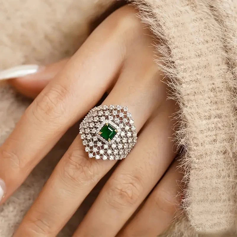Bling Bling Geometric Rings with Square Green Cubic Zircon Fashionable Silver Color Finger Rings
