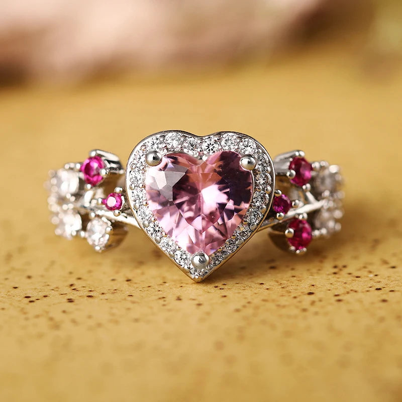 Heart Pink Cubic Zirconia Wedding Rings for Women Silver Color Temperament Sweet Engagement Rings Luxury Trendy Jewelry