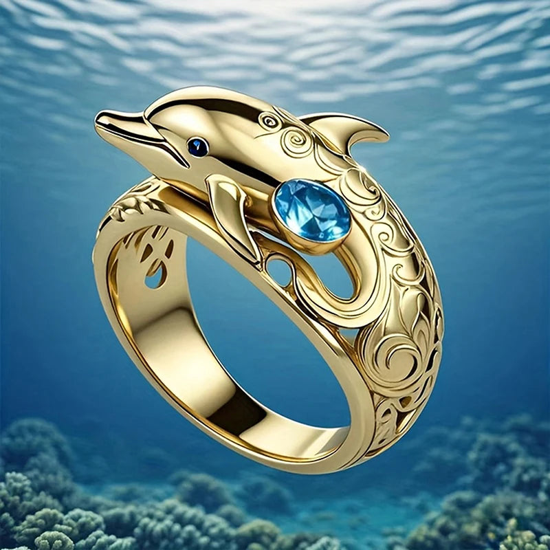 Chic Dolphin Design Finger Rings for Women Ocean Animal Rings with Blue Cubic Zirconia Gifts Daily Wear Fashion Jewelry