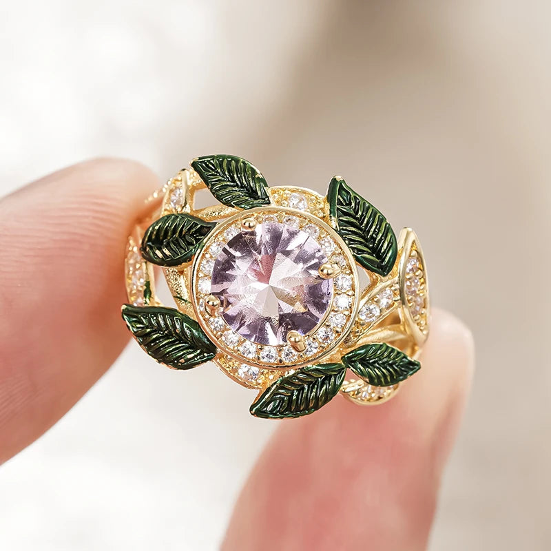Aesthetic Floral Rings for Women Pink Flower Green Leaf Design Romantic Female Rings Wedding Party Luxury Trendy Jewelry