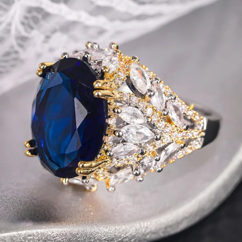 Creative Blue Cubic Zircon Rings for Women Bright Aesthetic Engagement Jewelry Modern Wedding Bridal Accessory