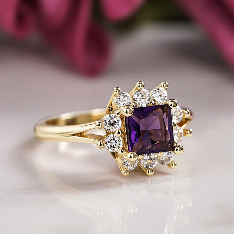 Square Purple Cubic Zirconia Rings Women Gold Color for Wedding Engagement Charming Lady Accessories Fashion Jewelry