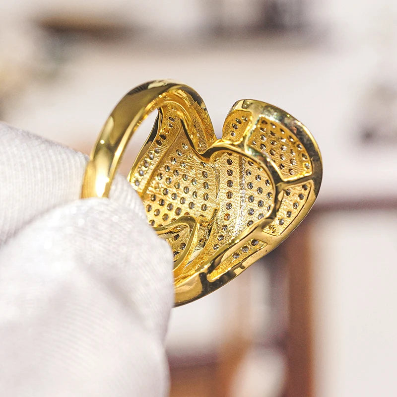 Luxury Gold Color Micro Paved CZ Ring for Women Fashion Water Drop Leaf Shape Finger Rings Party Wedding Jewelry Gift
