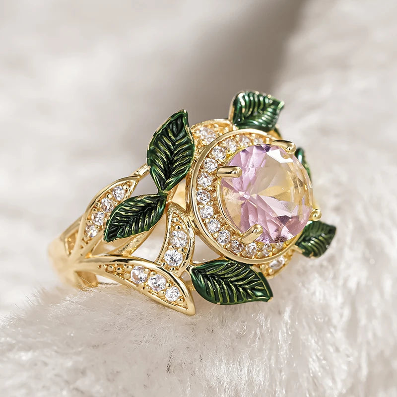 Aesthetic Floral Rings for Women Pink Flower Green Leaf Design Romantic Female Rings Wedding Party Luxury Trendy Jewelry