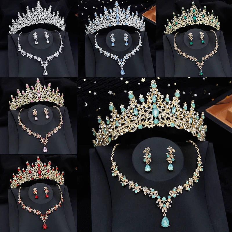 Baroque Green Color Crystal Bridal Jewelry Sets Bride Tiaras Crown Necklace Earrings Wedding Dubai Jewelry Set for Party Prom