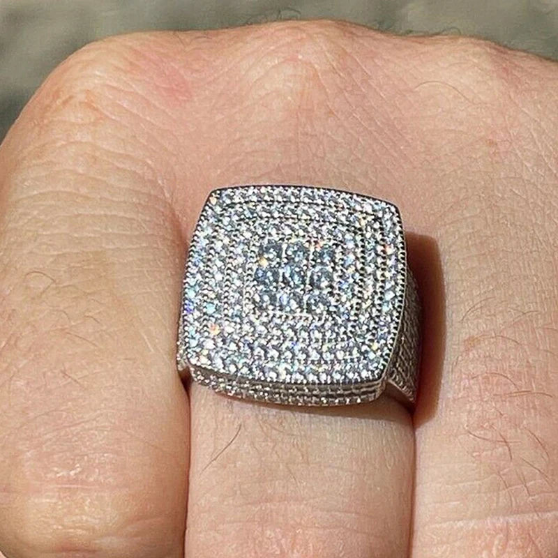 Luxury Square Iced Out Ring for Men/Women Full Shiny Cubic Zirconia Hip Hop Jewelry for Party Bling Wedding Accessories