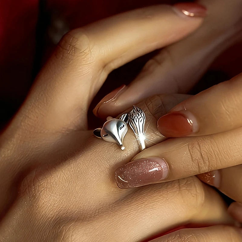 Anti Silver Color Fox Opening Rings for Women Vintage Daily Female Ring Punk Hip Hop Animal Accessory Gift Retro Jewelry
