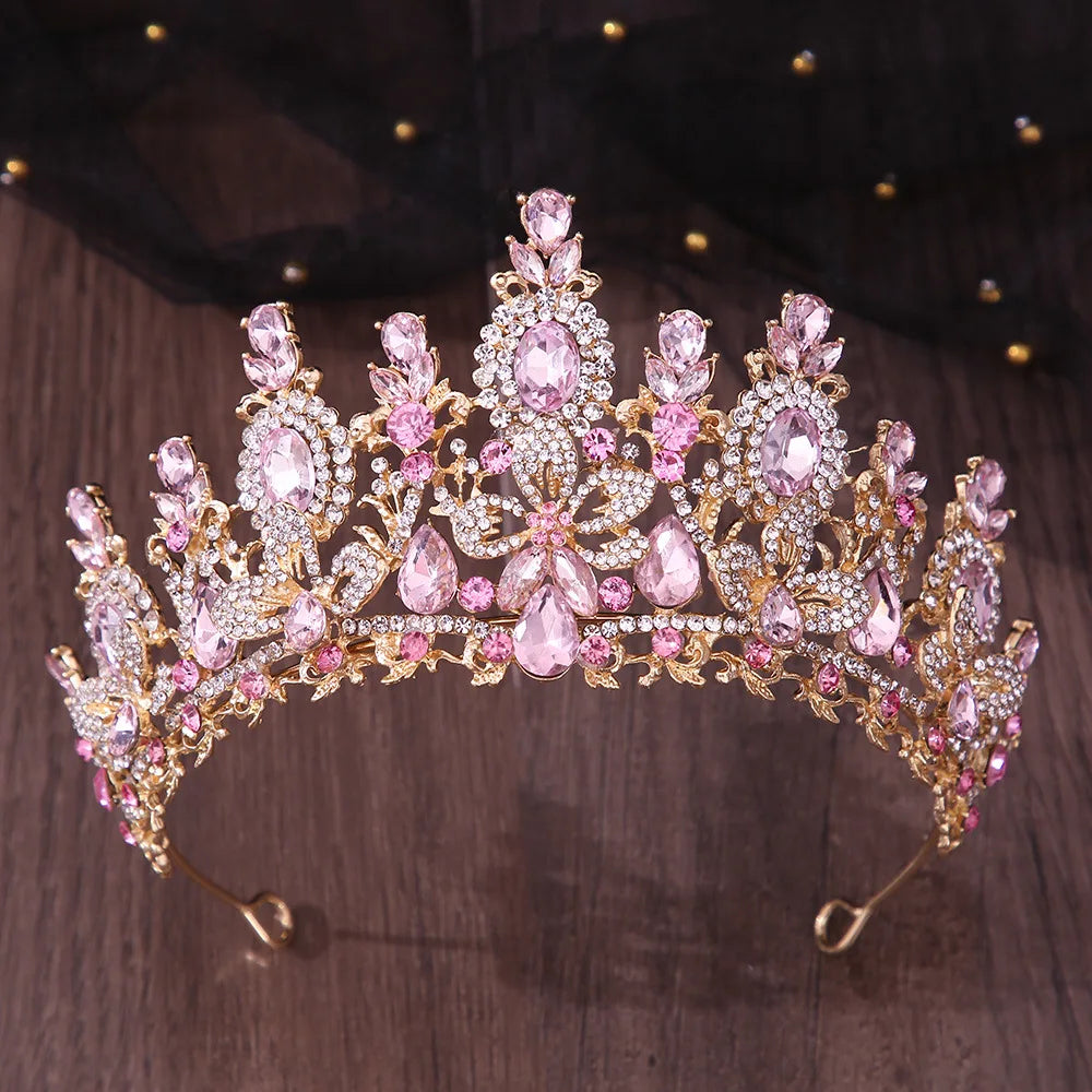 Luxury Water Drop Flower Pink Crystal AB Tiaras Royal Queen Banquet Crown Wedding Party Costume Hair Jewelry Accessories