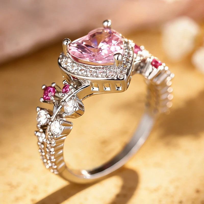 Heart Pink Cubic Zirconia Wedding Rings for Women Silver Color Temperament Sweet Engagement Rings Luxury Trendy Jewelry