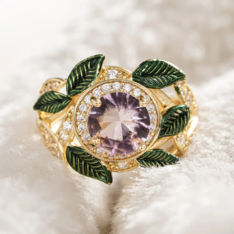 Aesthetic Floral Rings for Women Pink Flower Green Leaf Design Romantic Female Rings Wedding Party Luxury Trendy Jewelry