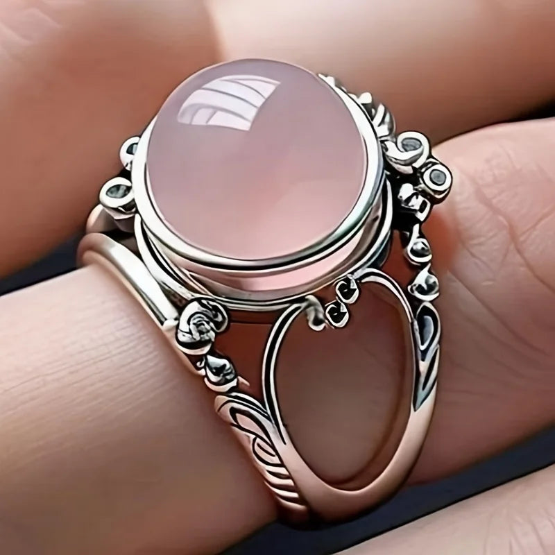 Vintage Pink Beads Rings for Women Antique Silver Color Sweet Female Daily Party Finger-ring Fancy Gift Retro Jewelry