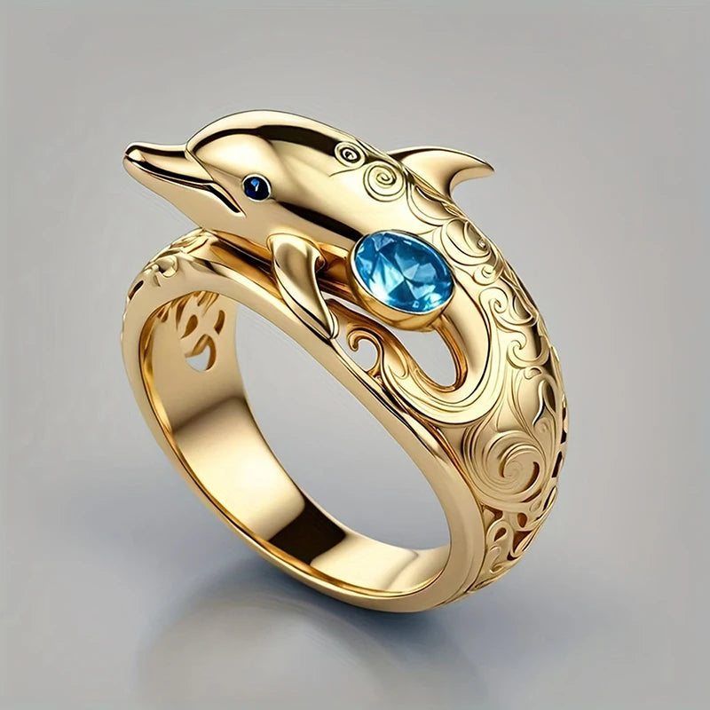 Chic Dolphin Design Finger Rings for Women Ocean Animal Rings with Blue Cubic Zirconia Gifts Daily Wear Fashion Jewelry