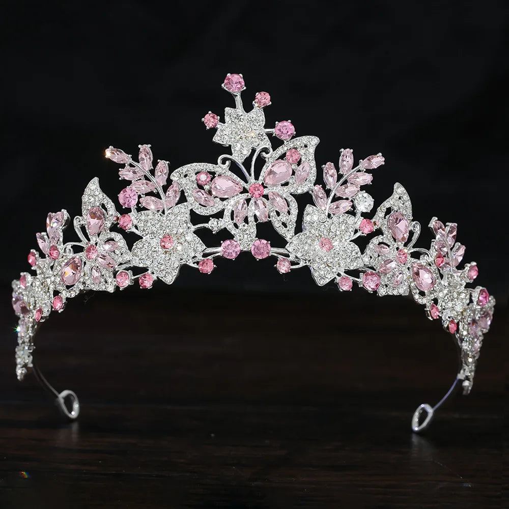 Silver Color Purple Crystal Butterfly Baroque Pink Rhinestone Tiaras Crown Women Wedding Diadem Party Hair Dress Jewelry