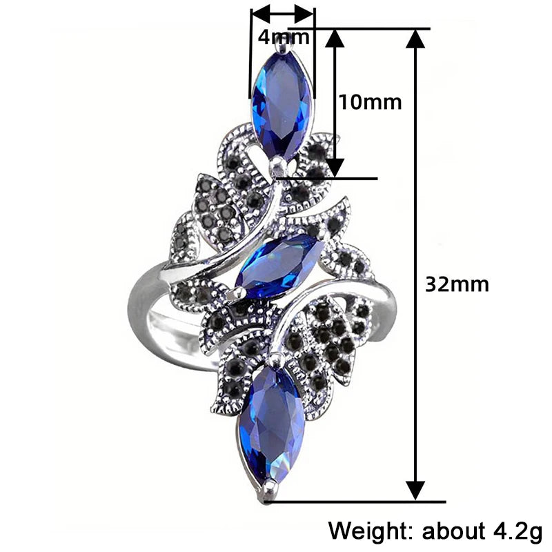 Leaf Shaped Adjustable Rings for Women Marquise Blue Cubic Zirconia Black CZ Lady Rings Party Jewelry