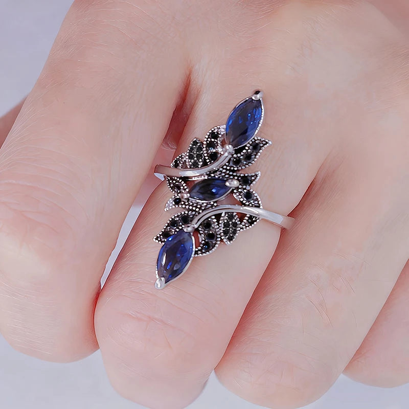 Leaf Shaped Adjustable Rings for Women Marquise Blue Cubic Zirconia Black CZ Lady Rings Party Jewelry