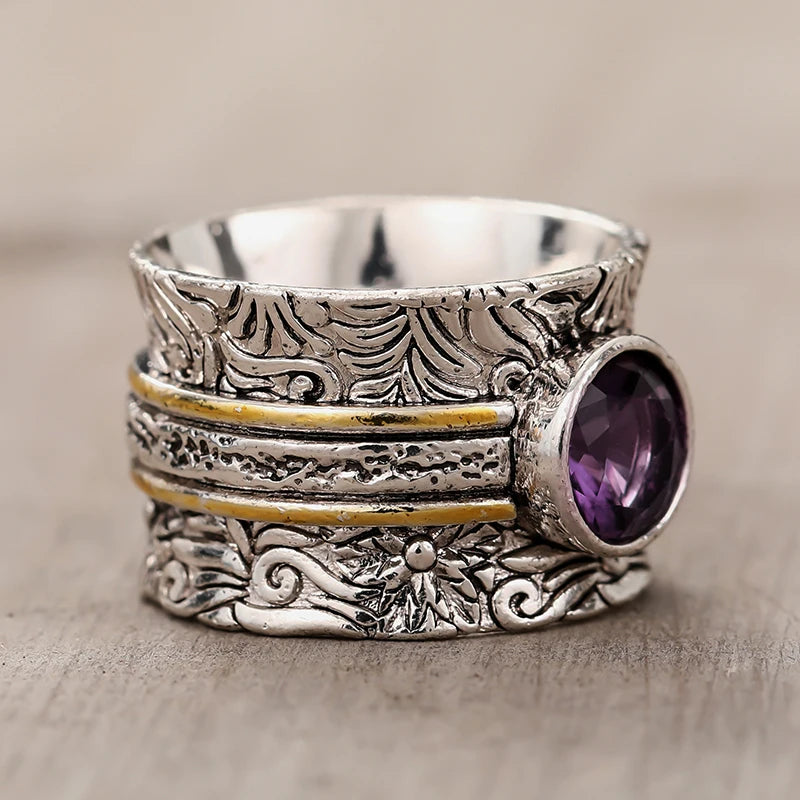 Vintage Two Tone Wide Rings with Purple CZ Bohemia Style Women's Rings Daily Wear Party Aesthetic Carved Pattern Jewelry