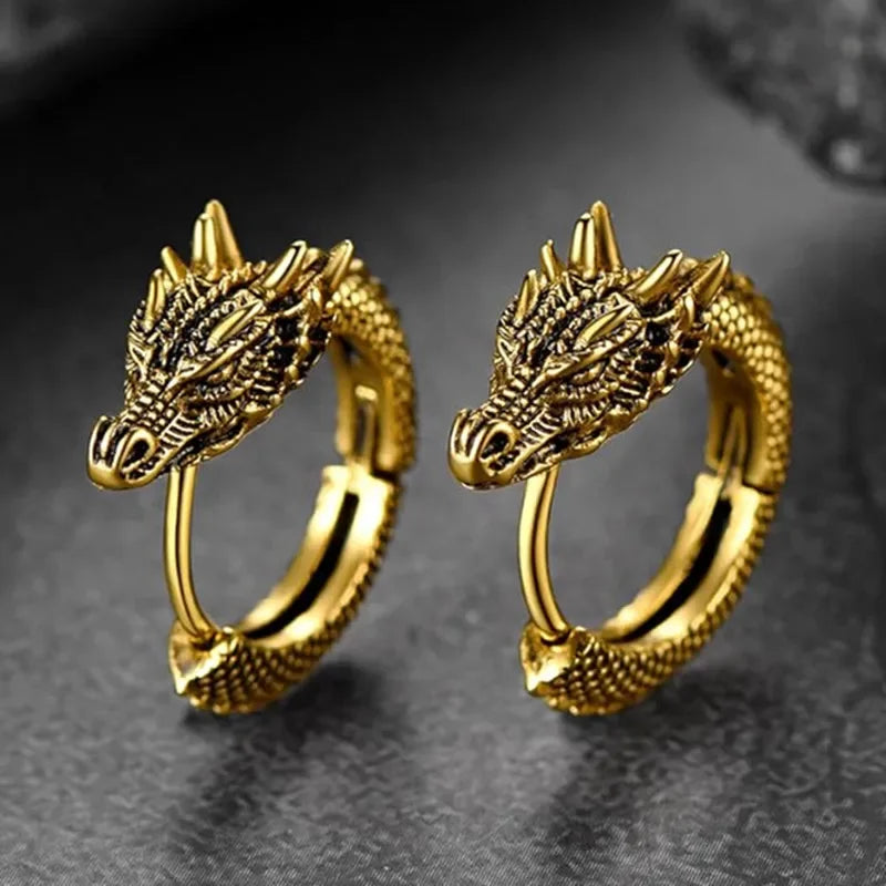 Personality Chinese Dragon Hoop Earrings for Women/Men Antique Metal Color Hip Hop Cool Guys Loong Earrings