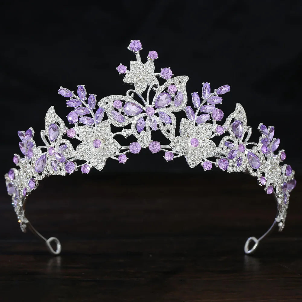 Silver Color Purple Crystal Butterfly Baroque Pink Rhinestone Tiaras Crown Women Wedding Diadem Party Hair Dress Jewelry