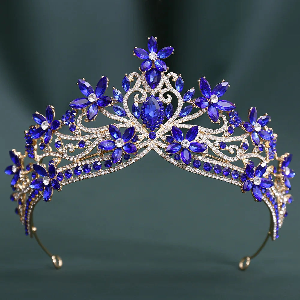 12 Colors Baroque Crystal Flower Blue Opal Tiaras For Women Party Luxury Bride Diadem Rhinestone Crown Hair Accessories Jewelry