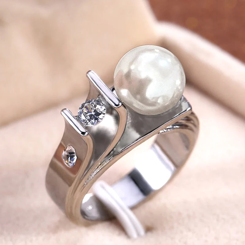 Graceful Engagement Rings with Imitation Pearl Delicate Bright Wedding Engagement Jewelry Women’s Gentle Gifts Accessory