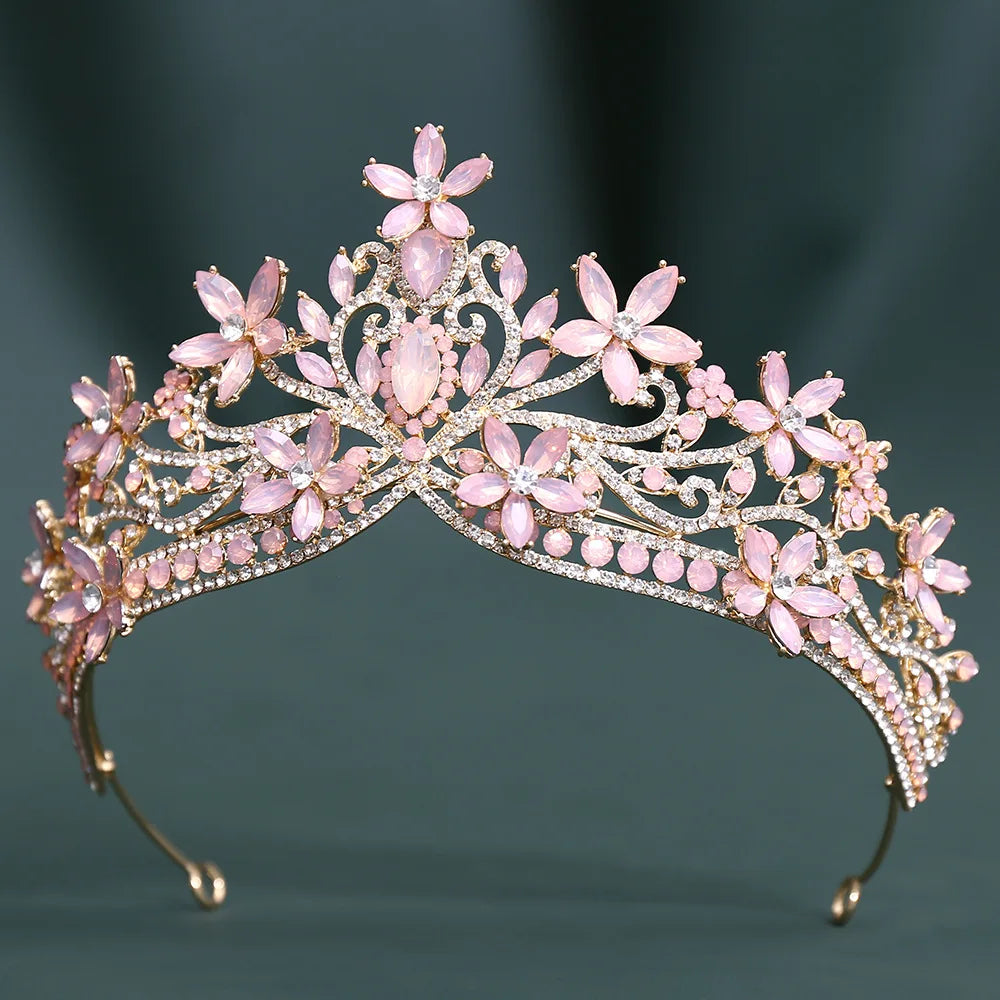 12 Colors Baroque Crystal Flower Blue Opal Tiaras For Women Party Luxury Bride Diadem Rhinestone Crown Hair Accessories Jewelry