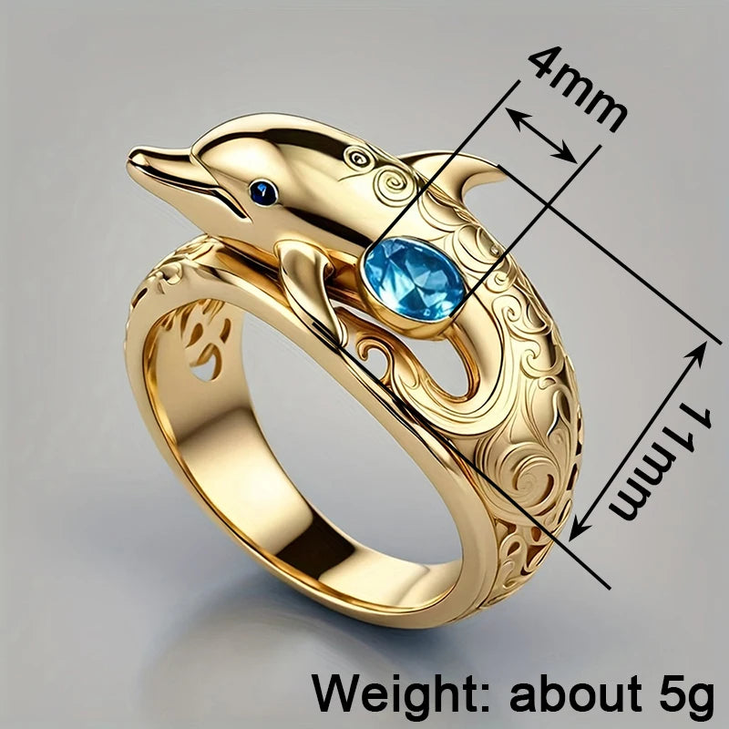 Chic Dolphin Design Finger Rings for Women Ocean Animal Rings with Blue Cubic Zirconia Gifts Daily Wear Fashion Jewelry