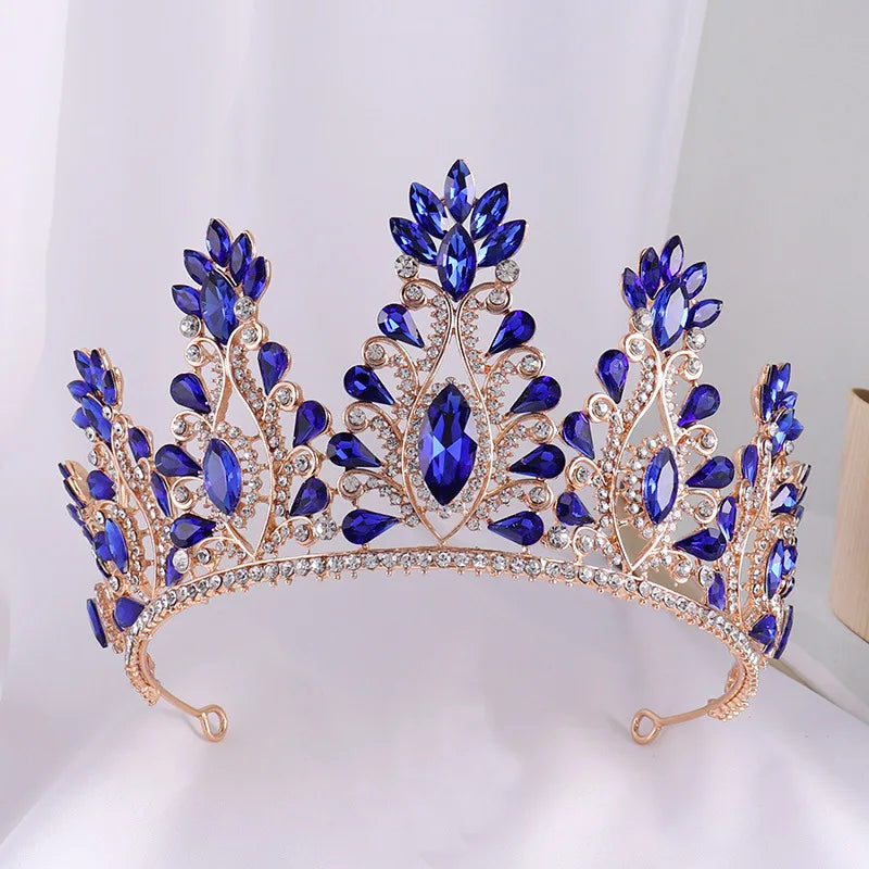 Silver Color Dark Blue Rhinestone Wedding Crown for Women Large Crystal Banquet Tiaras Headband Costume Hair Jewelry Accessories