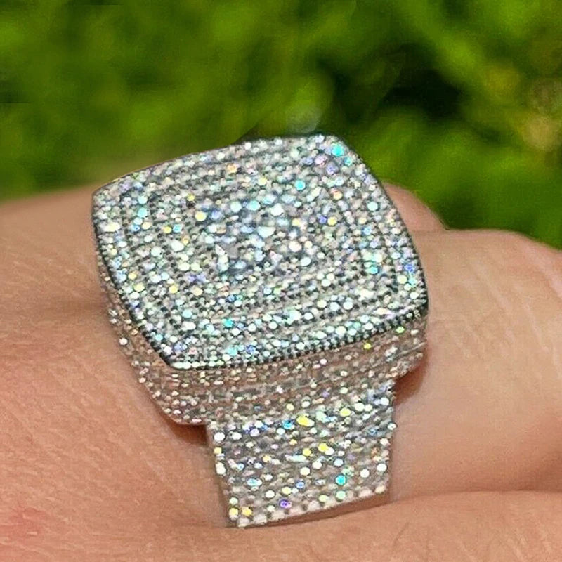 Luxury Square Iced Out Ring for Men/Women Full Shiny Cubic Zirconia Hip Hop Jewelry for Party Bling Wedding Accessories