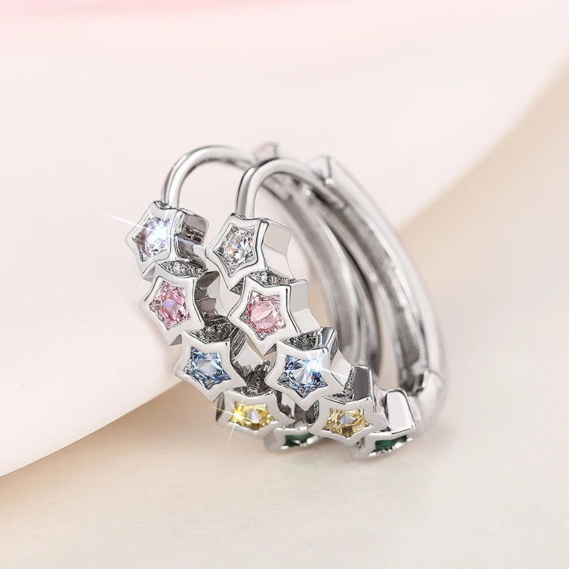 Trendy Star Hoop Circle Earrings Female Bright Rainbow Colored Zirconia Accessories Silver Color Jewelry