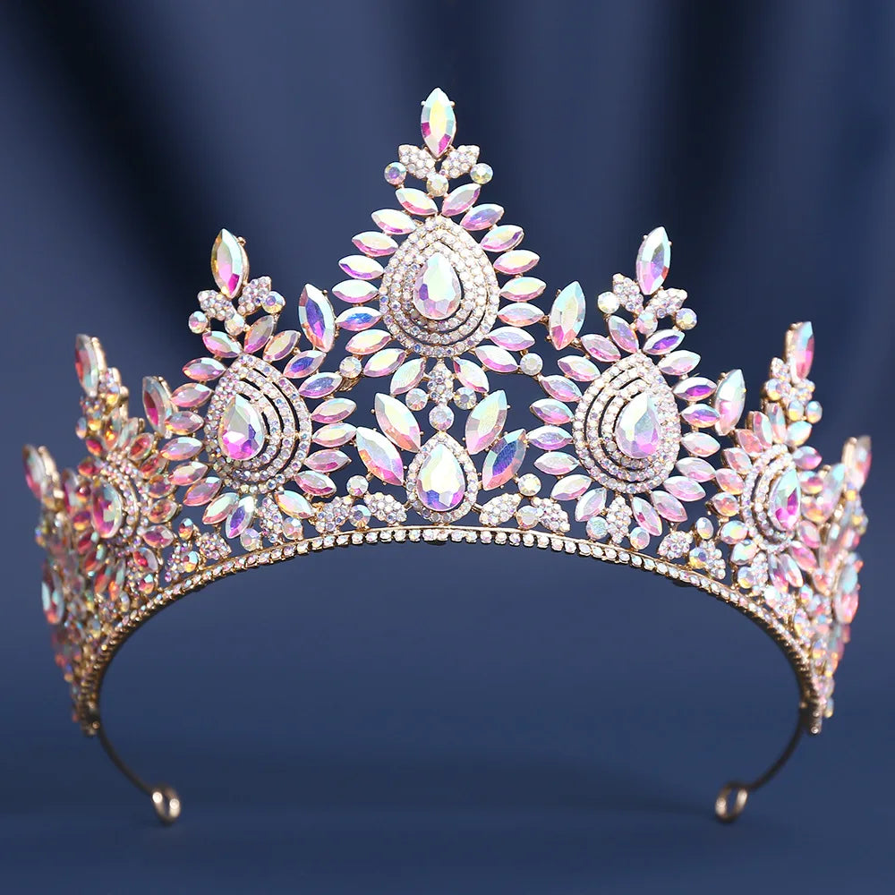 8 Colors Large Opal Crystal Tiara For Women Rhinestone Pageant Diadem Wedding Party Bridal Crown Hair Accessories