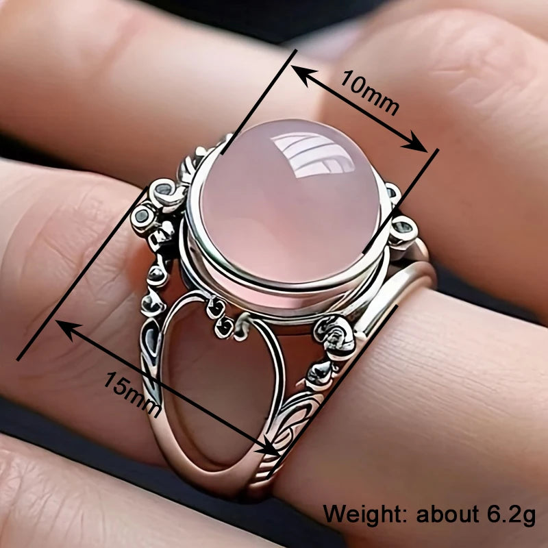 Vintage Pink Beads Rings for Women Antique Silver Color Sweet Female Daily Party Finger-ring Fancy Gift Retro Jewelry