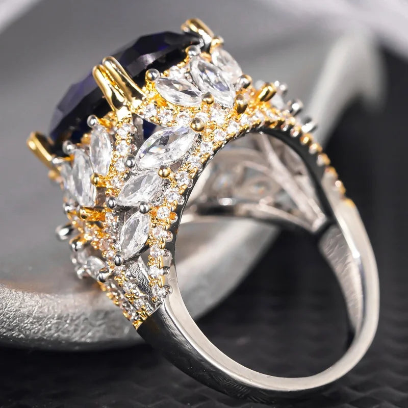 Creative Blue Cubic Zircon Rings for Women Bright Aesthetic Engagement Jewelry Modern Wedding Bridal Accessory