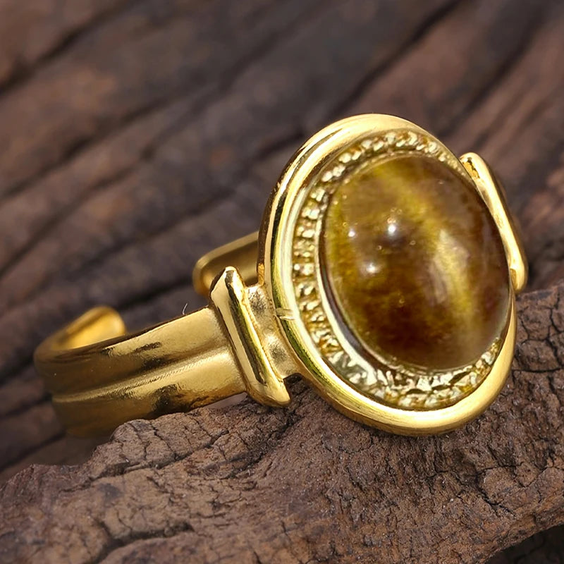 Boho Imitation Tiger Eye Stone Open Rings for Women Gold Color Luxury Adjustable Rings Daily Party Modern Fashion Jewelry