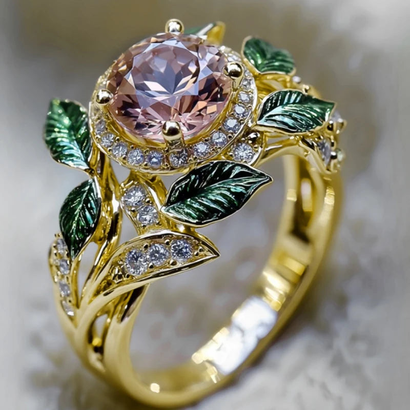 Aesthetic Floral Rings for Women Pink Flower Green Leaf Design Romantic Female Rings Wedding Party Luxury Trendy Jewelry