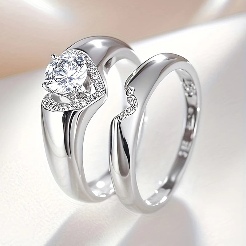 Trendy Heart Set Rings for Women with Crystal Sparkling Cubic Zirconia Luxury Wedding Engagement Rings 2Pcs Jewelry Set