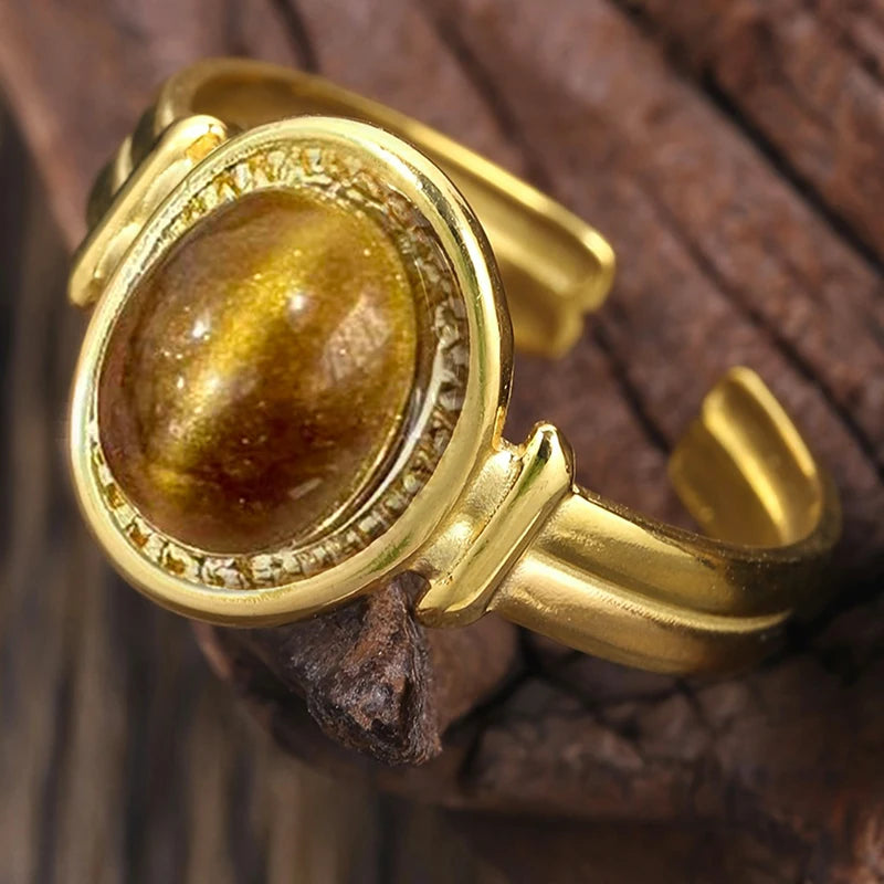 Boho Imitation Tiger Eye Stone Open Rings for Women Gold Color Luxury Adjustable Rings Daily Party Modern Fashion Jewelry