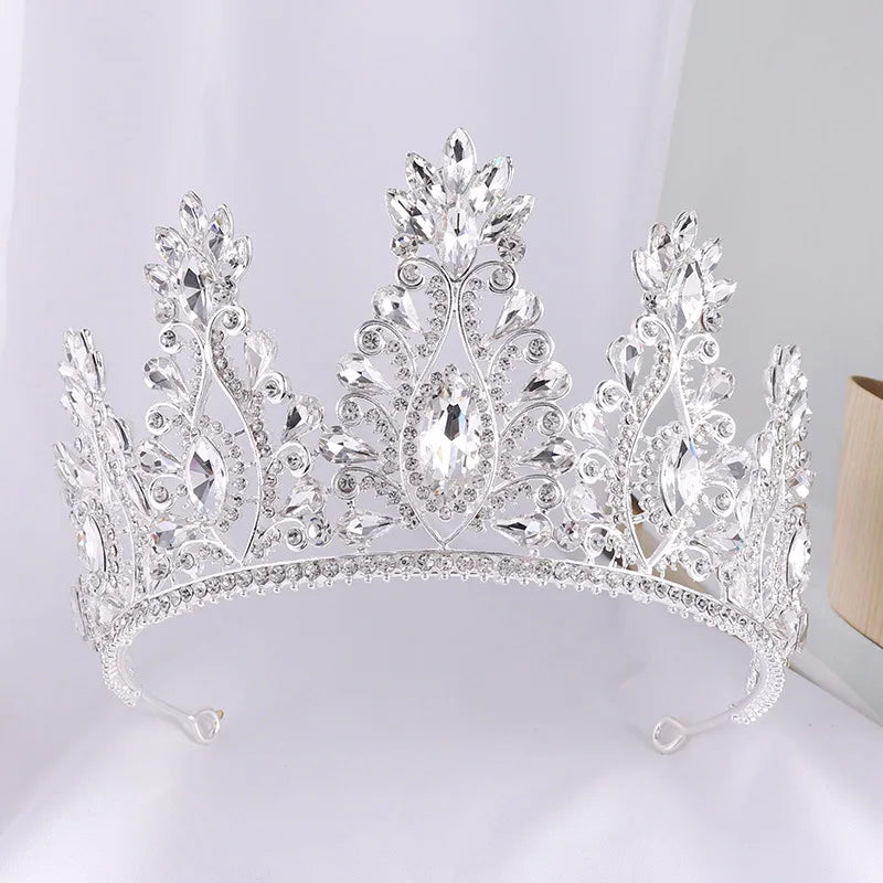 Silver Color Dark Blue Rhinestone Wedding Crown for Women Large Crystal Banquet Tiaras Headband Costume Hair Jewelry Accessories
