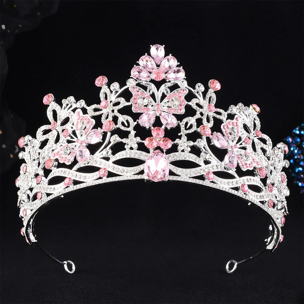 10 Colors New Baroque Pink Crystal Butterfly Bridal Tiara Crown Rhinestone Diadem Veil Tiaras Wedding Hair Accessories Headpiece