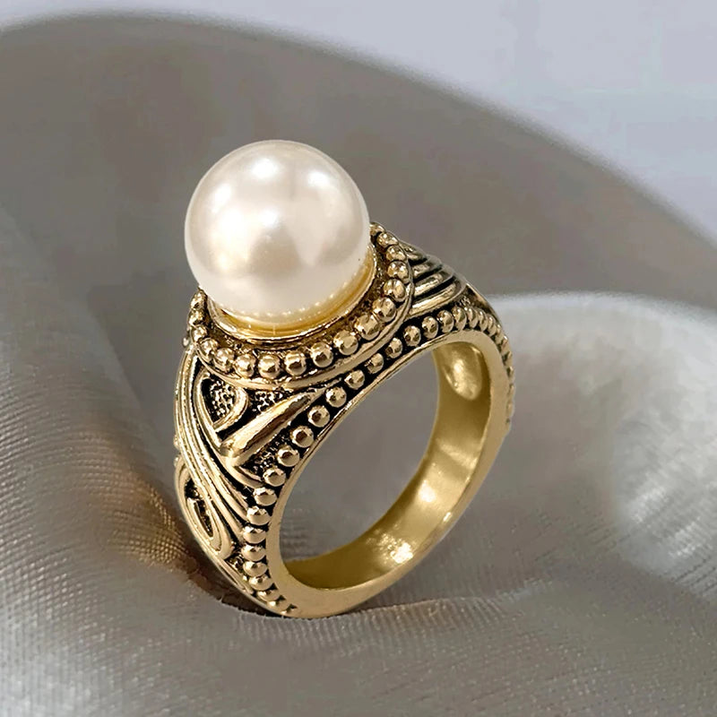 Antique Gold Color Imitation Pearl Rings Women for Wedding Anniversary Party Simulated Pearl Ring Vintage Jewelry