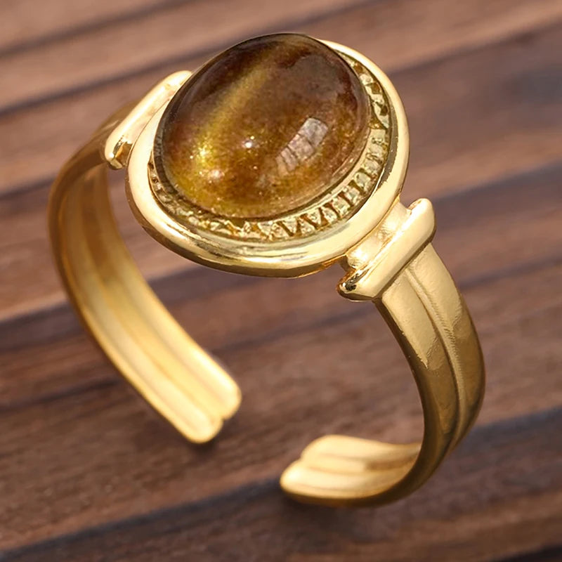 Boho Imitation Tiger Eye Stone Open Rings for Women Gold Color Luxury Adjustable Rings Daily Party Modern Fashion Jewelry
