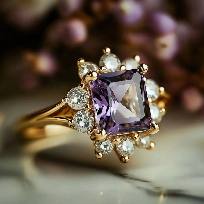 Square Purple Cubic Zirconia Rings Women Gold Color for Wedding Engagement Charming Lady Accessories Fashion Jewelry