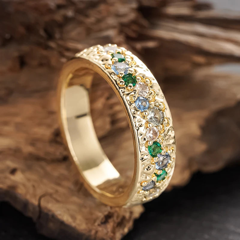 Gold Color Women Rings with Colorful Cubic Zirconia Wedding Trendy Accessories Fashion Contracted Female Party Jewelry