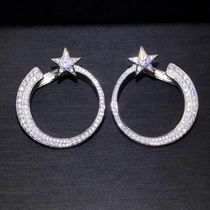 Big Circle Star Stud Earrings Full with Bling Bling Cubic Zircon Statement Earrings for Women Temperament Jewelry