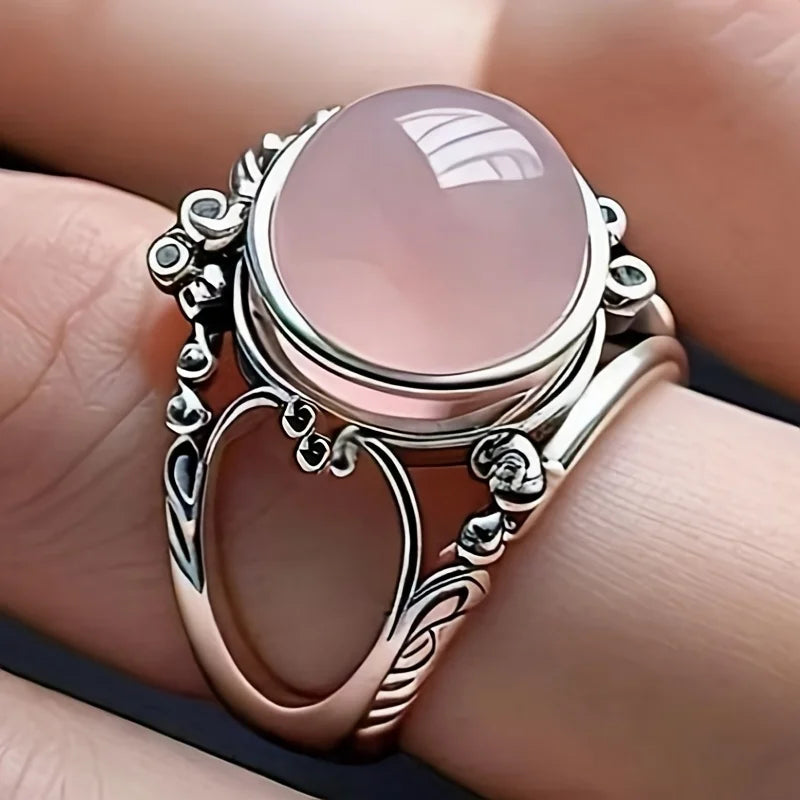 Vintage Pink Beads Rings for Women Antique Silver Color Sweet Female Daily Party Finger-ring Fancy Gift Retro Jewelry