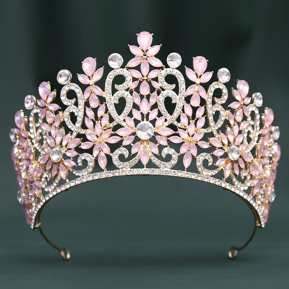 Blue Pink Opal Crystal Royal Queen Wedding Crown Rhinestone Bridal Diadem Pageant Headdress Party Tiaras Hair Dress Accessories