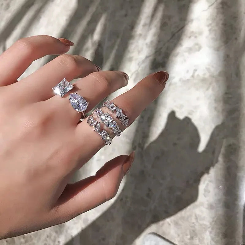 Trendy Geometric Cubic Zirconia Finger Rings for Women Three Layers Design Luxury Daily Party Accessories Jewelry