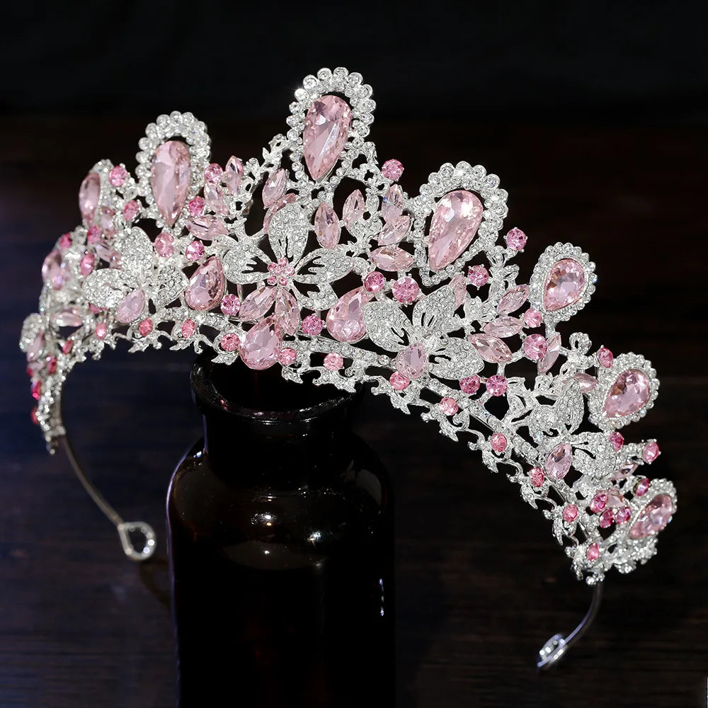 Luxury Water Drop Pink Crystal Bridal Tiara Crown Silver Color Rhinestone Diadem Veil Tiaras Wedding Hair Accessories Headpieces