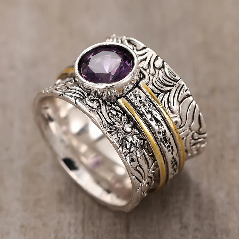 Vintage Two Tone Wide Rings with Purple CZ Bohemia Style Women's Rings Daily Wear Party Aesthetic Carved Pattern Jewelry