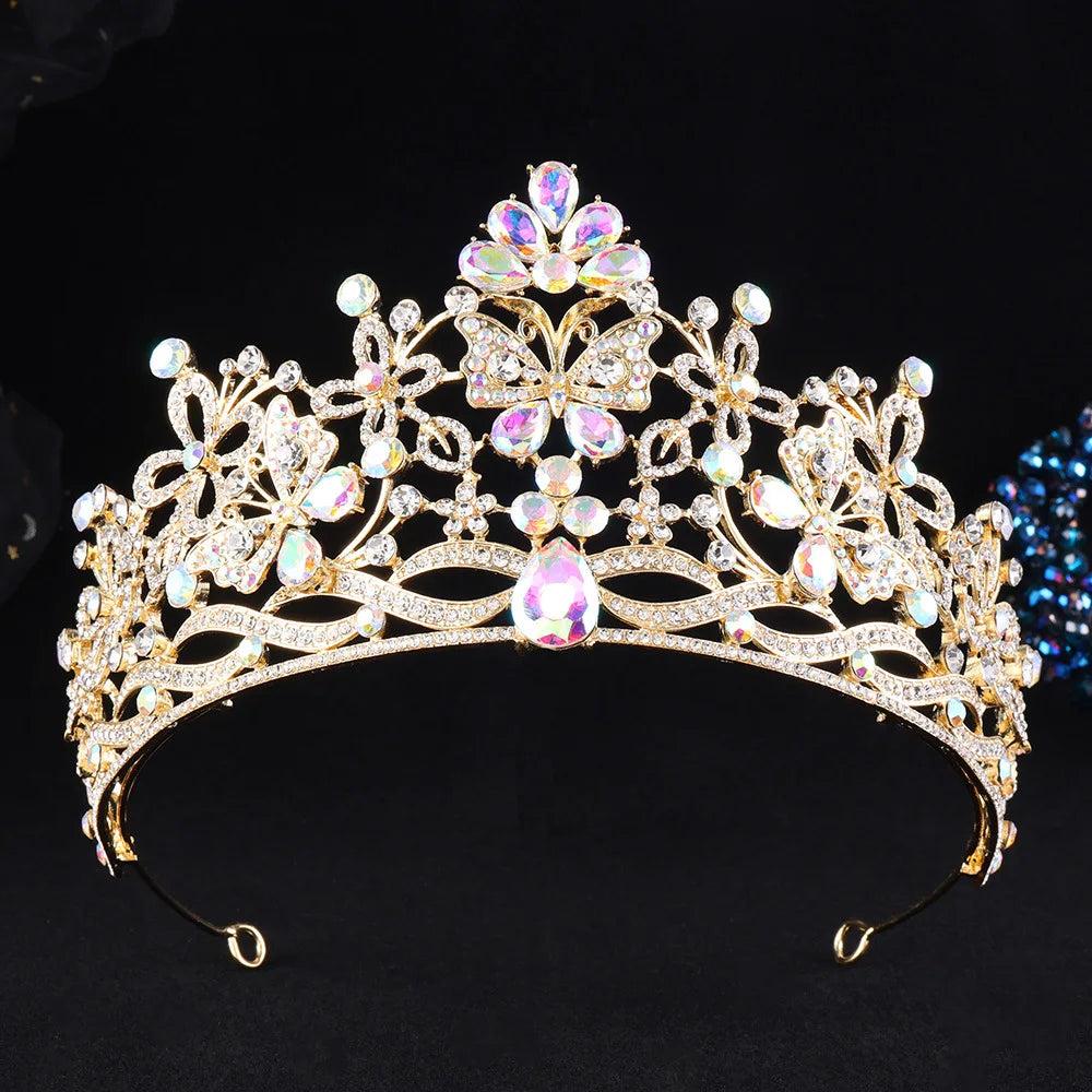 10 Colors New Baroque Pink Crystal Butterfly Bridal Tiara Crown Rhinestone Diadem Veil Tiaras Wedding Hair Accessories Headpiece