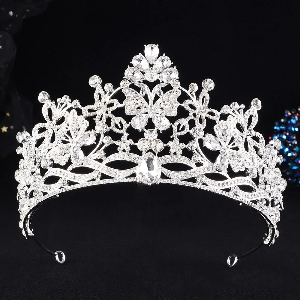 10 Colors New Baroque Pink Crystal Butterfly Bridal Tiara Crown Rhinestone Diadem Veil Tiaras Wedding Hair Accessories Headpiece